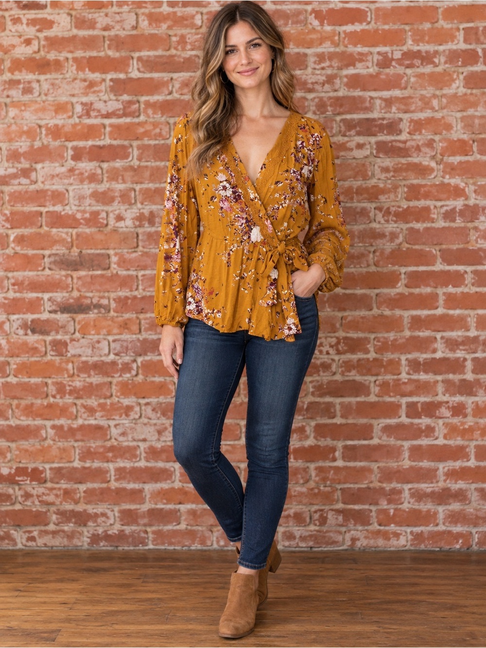 Maurices Dark Goldenrod Floral Boho Wrap Blouse